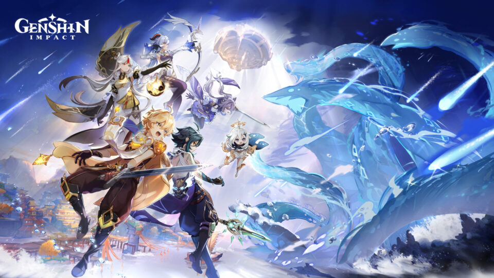 Artwork ufficiale di Genshin Impact per PlayStation 5 con i protagonisti del gioco e la regione di Liyue sullo sfondo.