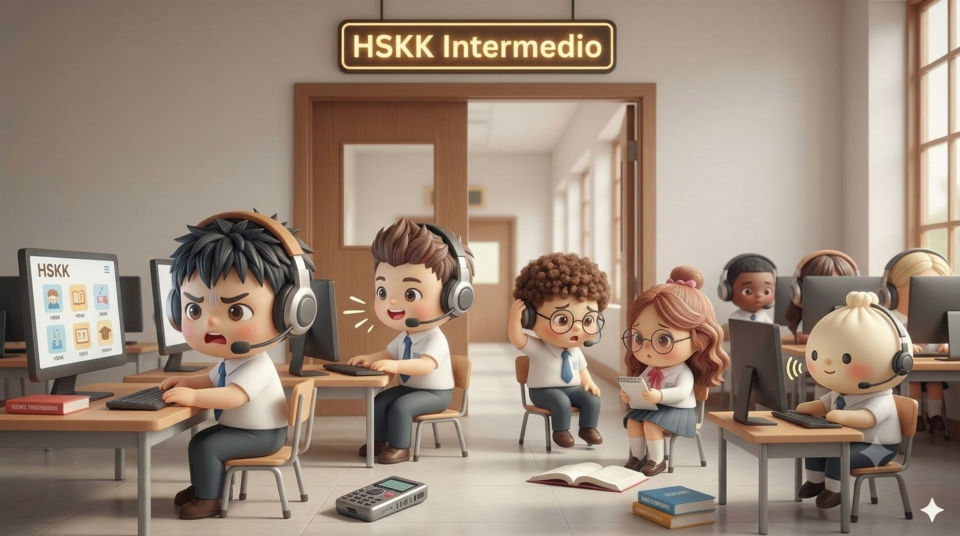 Illustrazione 3D in stile cartoon di un gruppo di simpatici studenti chibi e una mascotte a forma di baozi seduti ai banchi di un'aula computer. Indossano tutti cuffie con microfono e parlano in modo espressivo davanti ai monitor, sotto un'insegna luminosa con la scritta "HSKK Intermedio".